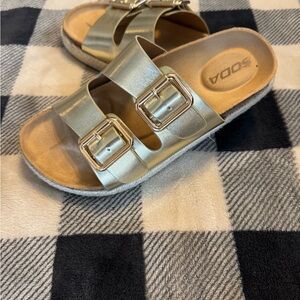 Soda Metallic Gold Double-Buckle Slide Sandals for women